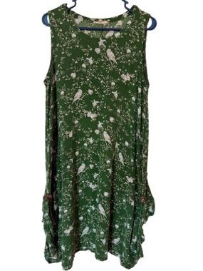 My Danielle Women Green Parrot Floral Dress Rusched Button Side Lagenlook Size L